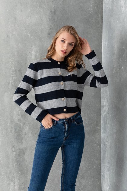 Women's Striped Knitwear Crop Cardigan with Silver Buttons