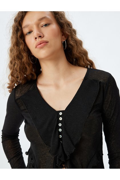 Long Sleeve Buttoned V-Neck Ruffle Asymmetrical Blouse