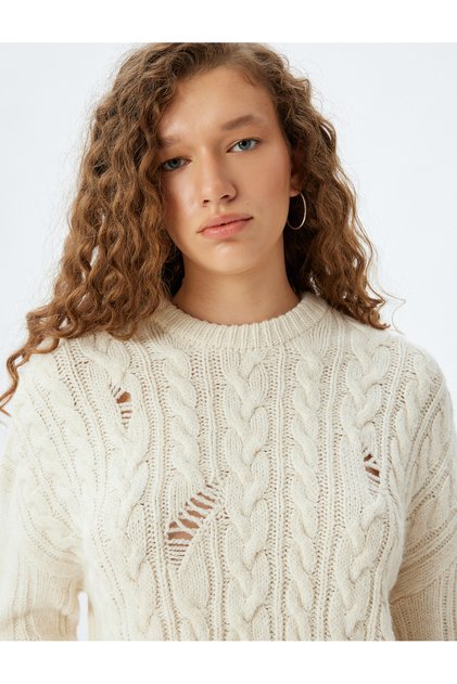 Crew Neck Hair Knit Textured Frayed Knitwear Sweater