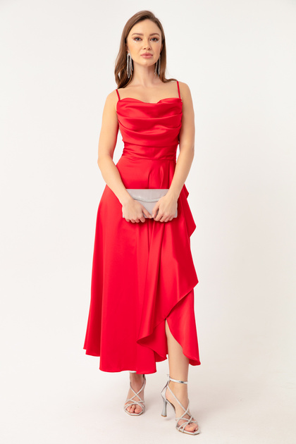 Lafaba Women's Red Flounce Slit Satin Midi Length Evening Dress & Graduation Dress- Trendyol Lafaba Women's Red Flounce Slit Satin Midi Length Evening Dress & Graduation Dress- Trendyol