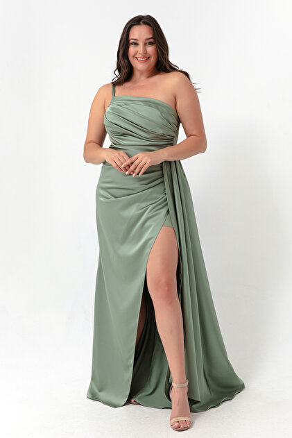 Lafaba Women's Mint Green One-Shoulder Plus Size Satin Evening Dress & Graduation  Dress- Trendyol