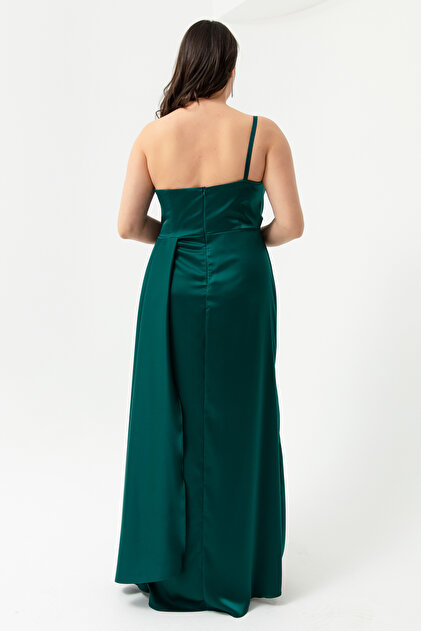 Lafaba Women's Emerald Green One-Shoulder Plus Size Satin Evening Dress & Graduation Dress- Trendyol Lafaba Women's Emerald Green One-Shoulder Plus Size Satin Evening Dress & Graduation Dress- Trendyol