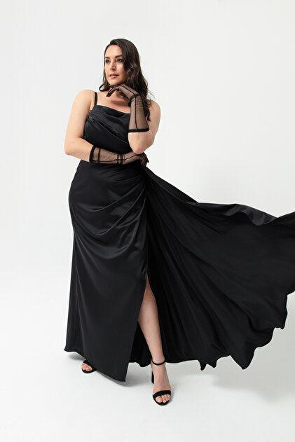 Lafaba Women's Black One-Shoulder Plus Size Satin Evening Dress & Graduation  Dress- Trendyol