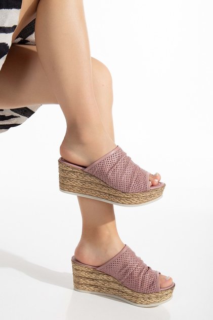Women's Genuine Leather Wedge Heel Slippers Pink