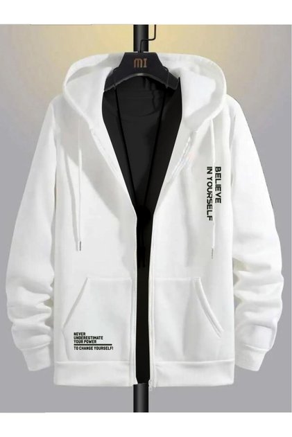 Men's White Believe Print Hooded Oversize Cardigan