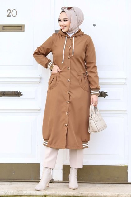 Hijab Elena Trench Coat Cap with Ribbed Sleeves and Buttons on the Front