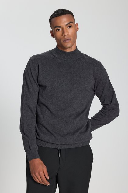 Men's Anthracite-Melange Cotton Standard Fit Regular Cut Half Turtleneck Knitwear Sweater
