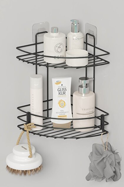Yapışkanlı 2 Katlı Banyo Köşeliği Köşe Rafı Duş Şampuanlık Duvar Düzenleyici Organizer Raf