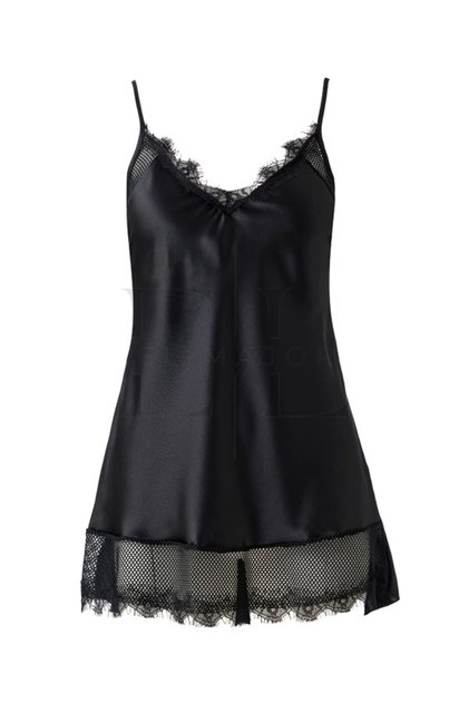 Lace Detailed Black Satin Nightgown