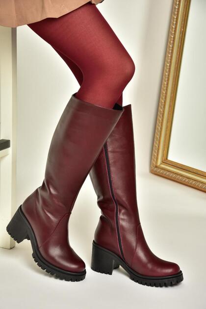 R 654047703   Burgundy Genuine Leather Thick Heeled Women's Boots