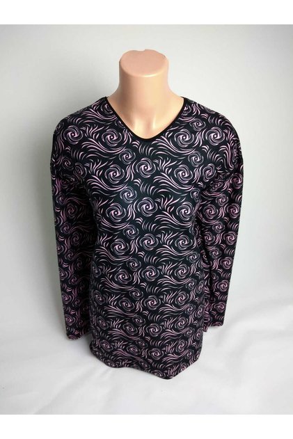Women's Black Pink Patterned V-Neck Long Sleeve Seasonal Suede Mother Combed Cotton T-Shirt Blouse with Slits on the Sides