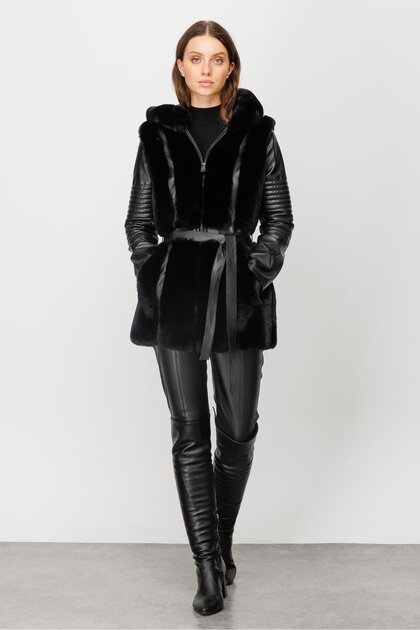 Modailgi Hooded Fur Detailed Leather Coat Black