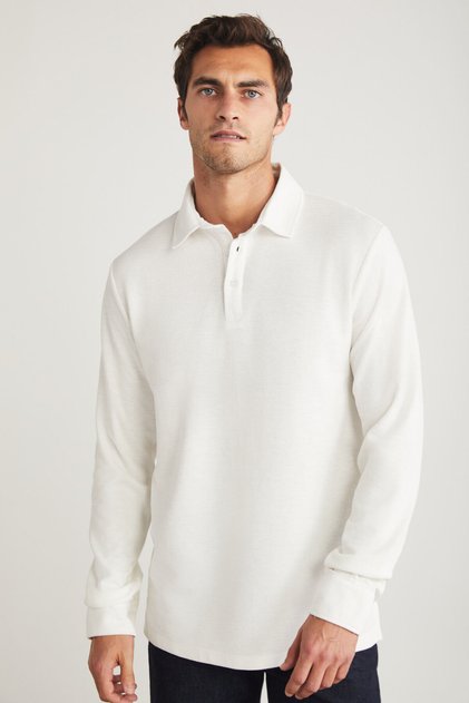 Tremont Erkek %100 Organik Pamuklu Slim Fit Dokulu Kumaşlı Polo Yaka Uzun Kol Ekru T-shirt