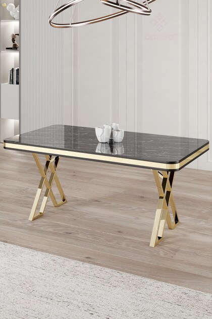 Canisa Vals Serisi 80x130 Lak Panel Sabit Masa Siyah Mermer Desen
