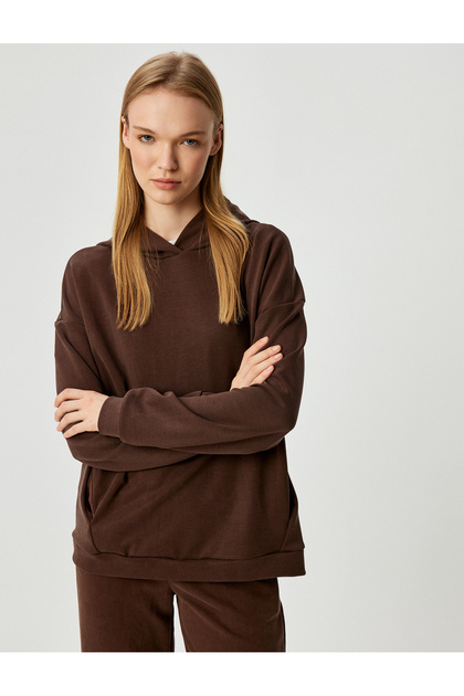 Basic Hooded Sports Sweatshirt with Modal Fabric and Pocket Detail