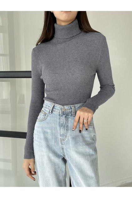 Unisex Smoked Light Gray Cotton Turtleneck Lycra Raised Slimfit Turtleneck Sweater