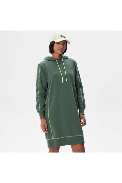 Kadın Loose Fit Uzun Kollu Kapüşonlu Desenli Haki Elbise