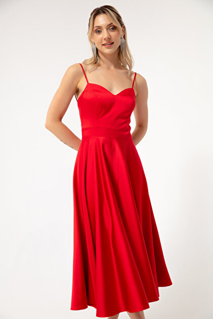 strapless open back dress Matador Red Stretch Satin Corset Back Midi Dress