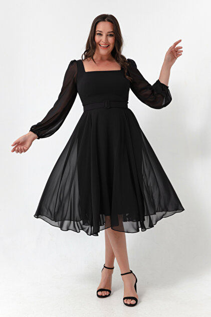Lafaba Women's Black Square Neck Belted Midi Chiffon Plus Size Evening Dress-  Trendyol