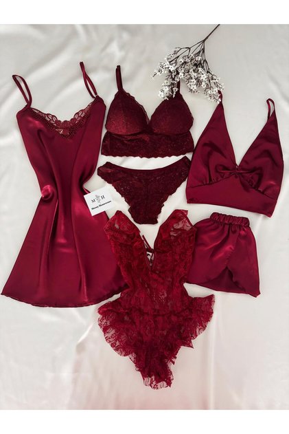 Boxed Meli Burgundy Satin Pajama Lingerie Dowry Set