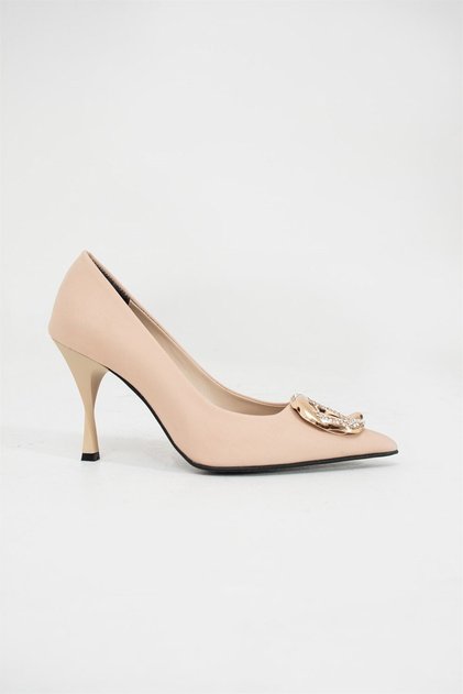 Angelica Beige Buckle Detailed Satin Pointed Toe Women's Classic Heeled Shoes