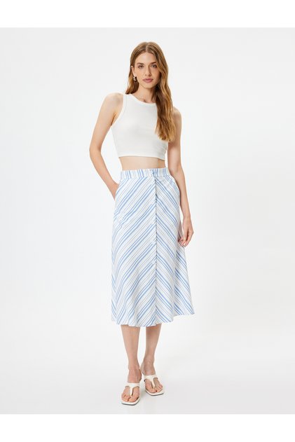 Midi Length A-Line Skirt with Buttoned Pockets