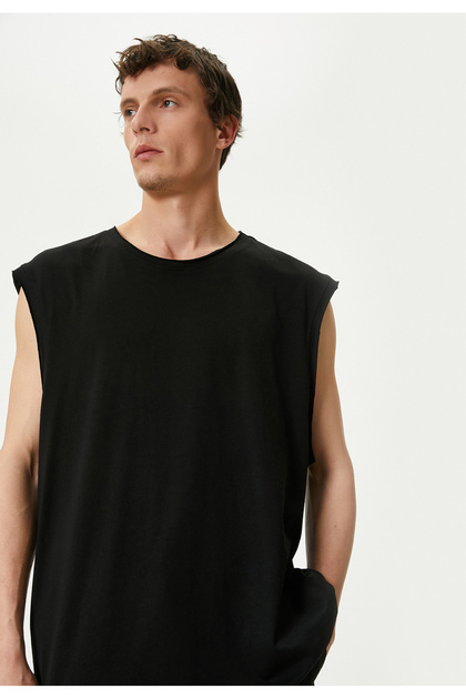 Basic Sleeveless T-Shirt with Hollow Sleeve Label Detail and Crew Neck