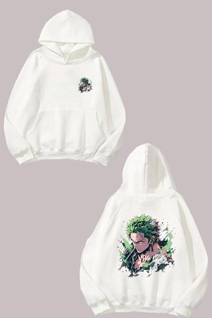 Unisex One Piece Roronoa Zoro Green Hair Design Front and Back Printed Regular Fit White Sweatshirt