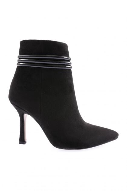 5729-424 3 Rows Black Suede Women's Heeled Boots - Ankle Band Detail