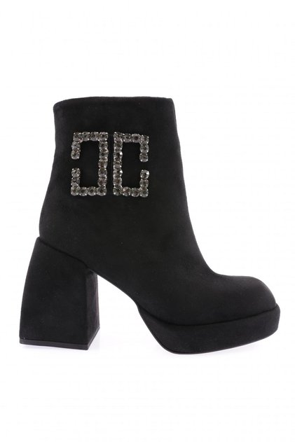 Cizme cu toc cu fermoar cu cataramă din piatră argintie din piele intoarsa neagra 23123166