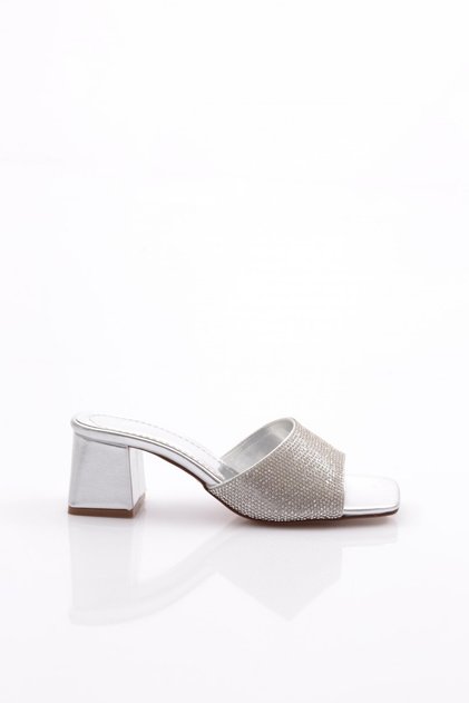 Women's Goblet Heeled Stone Decorated Heeled Slippers Silver Metallic 2121452621
