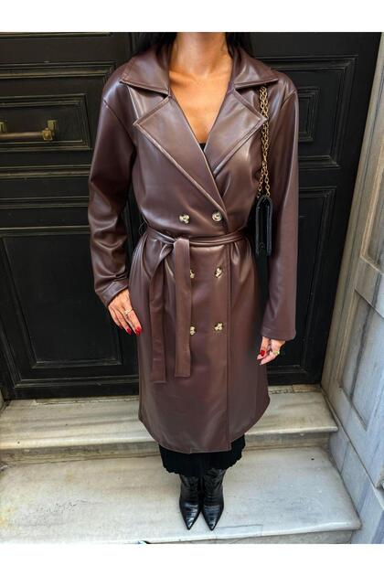 minaaise Bitter Brown Double Breasted Closure Leather Trench Coat