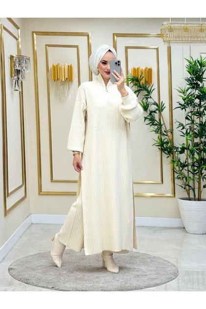 Women's Collar Zippered Slit Detail 2-Piece Knitwear Set