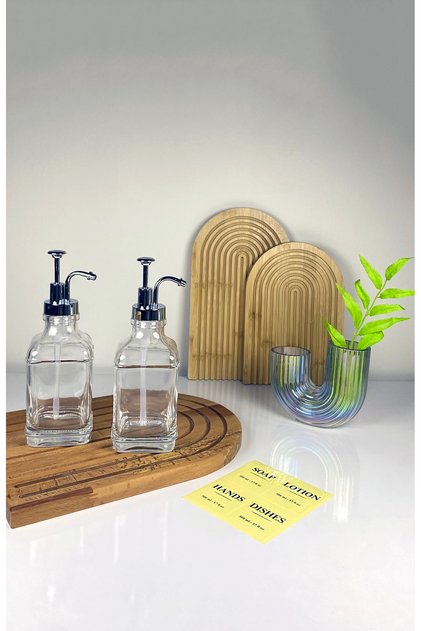 2'li Gümüş Başlıklı Kare Model Cam Sabunluk Seti Kahve Şurupluk 500ml