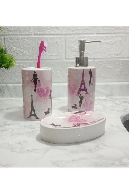 Ceramic 3-Piece Bathroom Set Girl with Paris Pattern 20x20x10cm