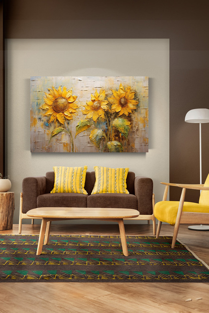 Tablou decorativ cu flori de soare, pictură în ulei, pe pânză, pentru sufragerie, dormitor, birou, intrare 0142
