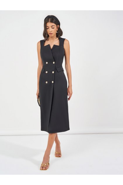 Button Detail Sleeveless Blazer Midi Dress
