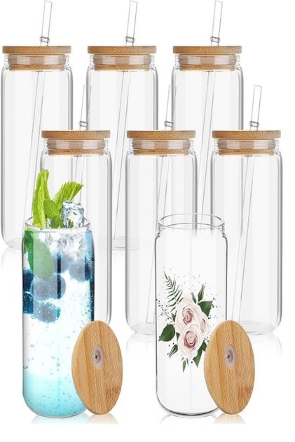 8-Piece Bamboo Lid Glass Cup with Straw Heat Resistant Borosilicate Coke Shaped Coffee Presentation Cup