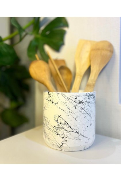 Large Concrete Cylinder Countertop Upright Spoon Rest Black Marble Pattern
