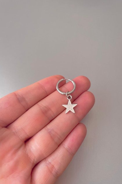 Unisex Silver Minimal Star Design Steel Hoop Earrings