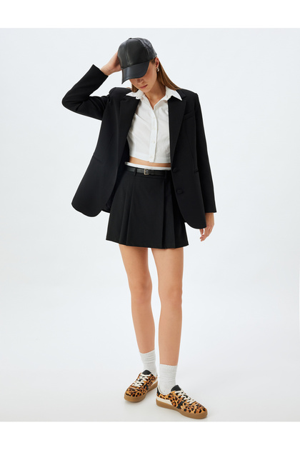 Pleated Mini Skirt with Double Waist and Belt - Color Contrast Detail