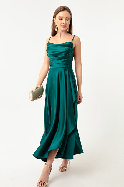 Lafaba Women's Emerald Green Flounce Slit Satin Midi Length Evening Dress & Graduation Dress- Trendyol Lafaba Women's Emerald Green Flounce Slit Satin Midi Length Evening Dress & Graduation Dress- Trendyol