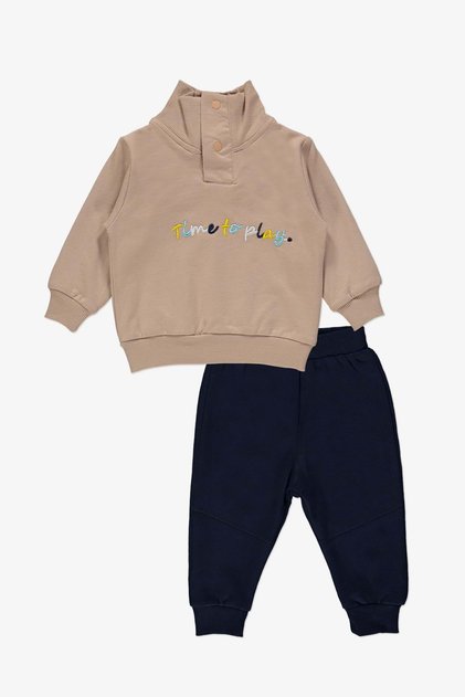 Embroidered Time To Play 2 Thread Tracksuit Set for Baby Boy - MNK14100 BEIGE