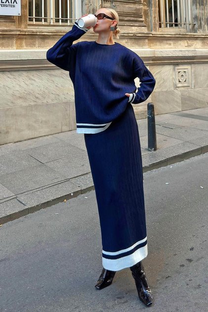 Navy Blue Kaia Stripe Detailed Crew Neck Sweater-Skirt Women's Knitwear Bottom-Top Set