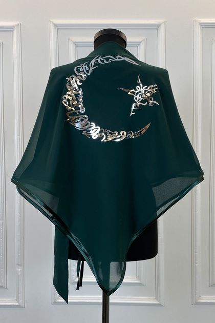 Green Chiffon Luxury Groom Shoulder Cover, Silver Crescent and Star Printed, Groomsmen Bridesmaid Henna Soldier Shawl Veil