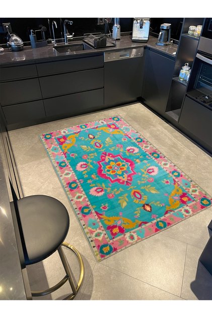 Paris Collection Light Blue and Pink Theme Traditional Motif Patterned Vintage Decorative Carpet 110