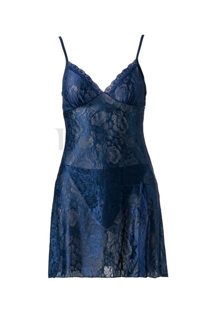 Dark Blue Lace Detailed Transparent Nightgown Set with Adjustable Straps