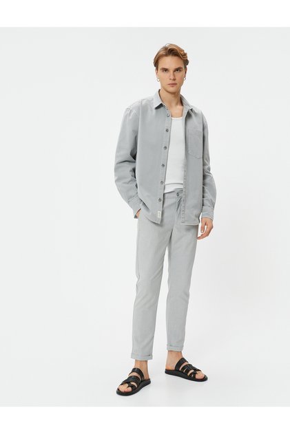 Fabric Trousers Slim Fit Elastic Waist Buttoned Pocket Detailed Layered Leg