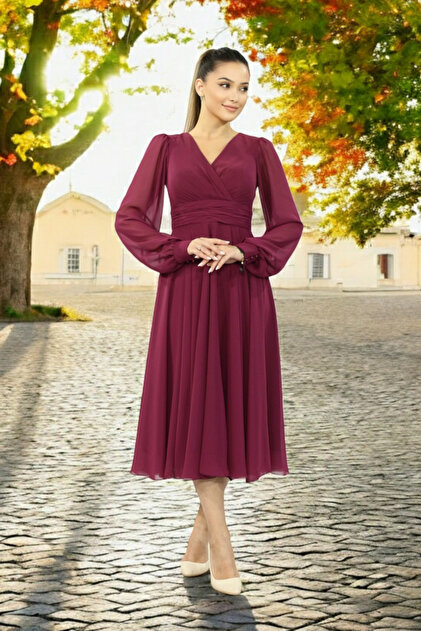 FaBe Fashion Long Sleeve Back Closed Double Breasted Collar Midi Chiffon  Dress- Trendyol