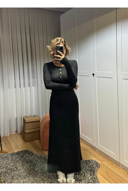 Rochie de damă cu guler deschis cu nasturi (sezonieră și iarnă)